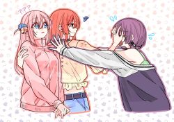  3girls ? ?? absurdres blue_eyes bocchi_the_rock! closed_eyes commentary flying_sweatdrops gotoh_hitori green_eyes hand_on_another's_face hand_on_another's_shoulder highres hiroi_kikuri honyaragedon jacket kita_ikuyo multiple_girls off_shoulder outstretched_arms pants pink_hair pink_jacket purple_hair red_hair shirt spaghetti_strap squiggle tearing_up track_jacket untranslatable_commentary yellow_shirt 