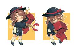  >_< 1boy 1other :o aged_down baby black_jacket black_shoes black_shorts brown_hair buttons carrying carrying_baby carrying_person child clock commentary_request cuckoo_clock dante_(limbus_company) dngrumauma double-breasted fire full_body glasses gregor_(project_moon) hat highres jacket kindergarten_uniform limbus_company limbus_kindergarten_uniform male_focus mechanical_arms medium_hair multiple_views object_head orange_background ponytail project_moon school_hat shoes short_ponytail shorts simple_background single_mechanical_arm socks waist_bag white_background white_socks yellow_eyes 