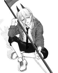  1girl chainsaw_man commentary cross-shaped_pupils crosshatching demon_girl demon_horns greyscale hair_between_eyes hatching_(texture) highres holding holding_scythe horns kkyong155426 long_hair monochrome power_(chainsaw_man) scythe shadow simple_background solo symbol-shaped_pupils white_background 