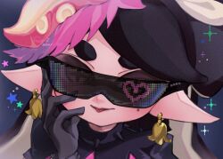  +_+ black_hair callie_(splatoon) chanryi close-up commentary earrings food food_on_head gloves highres hypnoshades_(splatoon) inkling jewelry long_hair looking_at_viewer mole mole_under_eye object_on_head octopus_sashimi octopus_sausage_earrings pink_leaf pointy_ears smile splatoon_(series) splatoon_2 sunglasses tentacle_hair tongue tongue_out untranslatable_commentary yellow_eyes 