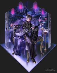  1boy alternate_costume architecture bead_necklace beads black_background black_boots black_bridal_gauntlets black_hair black_nails black_pants black_shirt blonde_streaks boots bracelet bridal_gauntlets candlestand clouds colored_inner_hair colored_smoke copyright_notice east_asian_architecture facial_mark faux_figurine flower forehead_mark full_body hair_ornament hair_stick half_updo high_ponytail holding holding_smoking_pipe indoors jewelry knee_up lantern lattice long_hair long_sleeves looking_at_viewer male_focus mandarin_collar multicolored_hair nail_polish necklace night nijisanji nijisanji_en official_art pants paper_lantern parted_bangs parted_lips pink_flower pink_streaks pleated_pants plume ponytail purple_hair purple_shawl purple_streaks sample_watermark shawl shirt shu_yamino shu_yamino_(2nd_costume) simple_background sitting sitting_on_table smile smoke smoking_pipe solo streaked_hair talisman ueauwa vase violet_eyes virtual_youtuber watermark 
