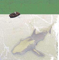  1boy abstract boat colour_charlie highres on_boat original rowboat shark shirt short_sleeves watercraft white_shirt wide_shot 