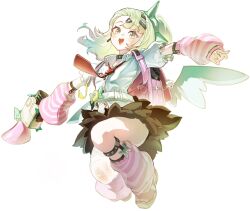  1girl arm_warmers bag blush green_eyes green_hair hair_ornament happy highres jumping looking_at_viewer megaphone multiple_hair_clips mw_01m necktie open_clothes open_mouth pink_arm_warmers red_necktie shirt simple_background skirt solo striped_arm_warmers sunna_(zenless_zone_zero) white_background white_shirt white_wings wings zenless_zone_zero 