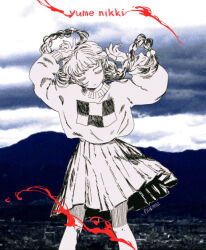  1girl bleeding blood braid checkered_clothes checkered_print cityscape closed_eyes clouds copyright_name daekkon dark_cloud eyelashes floating_hair hair_floating_upwards hair_ribbon hands_up knee_injury madotsuki medium_skirt mountainous_horizon partially_colored photo_background pleated_skirt ribbon ribbon_braid scenery signature skirt solo standing sweater twin_braids yume_nikki 