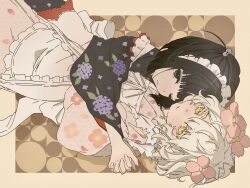  2girls absurdres amemori_sayo apron back_bow black_eyes black_hair black_kimono blunt_bangs border bow brown_background colored_eyelashes commentary_request dogwood_(flower) floral_print flower hair_bobbles hair_flower hair_ornament highres holding_hands hydrangea_print japanese_clothes kimono kudou_chitose light_blush looking_at_viewer lying maid maid_apron maid_headdress multiple_girls nijisanji one_eye_closed one_side_up pale_skin patterned_background pink_flower pink_kimono print_kimono sayonara_zetsubou_sensei short_hair thick_eyelashes usurai_rairai virtual_youtuber wa_maid wavy_hair white_eyelashes white_hair yellow_eyes 
