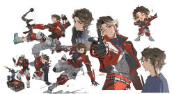  :d absurdres animal animification apex_legends arrow_(projectile) artemis_(apex_legends) belt black_belt black_cat black_eyes black_gloves black_shirt blonde_hair blue_shirt blush bocek_compound_bow bow_(weapon) braid brown_eyes brown_hair bulletproof_vest c.a.r._smg cat chibi chibi_inset chinese_commentary colored_sclera colored_tips commentary_request compound_bow cowboy_shot death_box_(apex_legends) dual_wielding eureka1812 expressionless eyebrow_cut fang finger_gun firing from_side full_body gloves grey_pants grey_shoes gun hair_behind_ear highres holding holding_animal holding_arrow holding_bow_(weapon) holding_cat holding_gun holding_weapon jacket jewelry leaning_to_the_side looking_ahead looking_at_viewer looking_to_the_side male_focus motion_blur multicolored_hair multiple_views necklace one_eye_closed open_mouth p2020_(pistol) pants parody parted_lips partially_fingerless_gloves pointing portrait profile puckered_lips quiver red_jacket red_pants shirt shoes short_hair short_male signature simple_background skin_fang smile sneakers sparkle sparrow_(apex_legends) submachine_gun the_kiss turtleneck turtleneck_shirt v-shaped_eyebrows weapon white_background yellow_sclera 