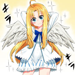  1girl absurdres admiralkukichi ahoge arms_behind_head arms_up bird_girl bird_wings blonde_hair blue_dress blue_eyes blush child closed_mouth commentary_request cowboy_shot dress feathered_wings filo_(tate_no_yuusha_no_nariagari) frilled_dress frills gradient_background highres long_hair long_sidelocks looking_at_viewer parted_bangs short_dress sidelocks smile solo sparkle split_mouth standing straight-on straight_hair tate_no_yuusha_no_nariagari translation_request two-tone_dress white_background white_dress white_wings wings yellow_background 