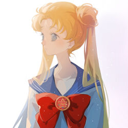  1girl bishoujo_senshi_sailor_moon blonde_hair blue_eyes blue_sailor_collar bow bowtie brooch closed_mouth collarbone commentary crescent double_bun english_commentary expressionless eyelashes hair_bun highres jewelry light_frown light_particles long_hair long_sleeves looking_to_the_side miqing nostrils pointy_nose red_bow red_bowtie sailor_collar school_uniform serafuku shirt simple_background solo statue tsukino_usagi twintails upper_body very_long_hair white_background white_shirt 