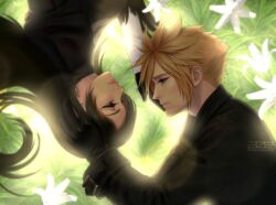  1boy 1girl 2b_(nier:automata) 2b_(nier:automata)_(cosplay) 9s_(nier:automata) 9s_(nier:automata)_(cosplay) artist_logo azezazel black_dress black_feathers black_gloves black_hair black_jacket blonde_hair blue_eyes cloud_strife cloud_strife_(scanner_ensemble) commission company_connection cosplay couple dress earrings english_commentary face-to-face feather-trimmed_sleeves feathers final_fantasy final_fantasy_vii final_fantasy_vii:_ever_crisis flower from_above from_side gloves grass hand_on_another's_cheek hand_on_another's_face hand_on_another's_head hetero jacket jewelry lips logo long_hair long_sleeves looking_at_another lying nier:automata nier_(series) official_alternate_costume on_side pink_lips profile red_eyes short_hair signature spiky_hair tifa_lockhart tifa_lockhart_(battler_ensemble) turtleneck turtleneck_dress twitter_username upper_body upside-down white_flower 