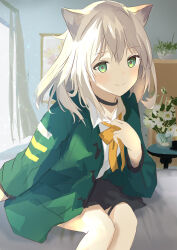 1girl animal_ears arknights black_skirt blonde_hair bow bowtie dog_ears dog_girl feet_out_of_frame flower green_jacket hair_between_eyes highres jacket koge_nattou light_blush looking_at_viewer open_clothes open_jacket painting_(object) plant podenco_(arknights) shirt skirt smile solo table white_flower white_shirt yellow_bow yellow_bowtie 