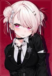  1girl absurdres belt black_belt black_choker black_jacket black_necktie blush breasts choker collarbone collared_shirt commentary_request double_bun earclip earrings hair_bun hair_ornament hairclip hatyuuruinohito highres jacket jewelry large_breasts long_sleeves looking_to_the_side necktie nijisanji o-ring_necktie pink_eyes pink_hair red_background ribbon shiina_yuika shiina_yuika_(14th_costume) shirt signature single_hair_intake smile solo virtual_youtuber white_ribbon white_shirt 