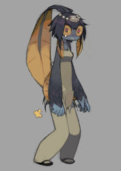  1girl apron black_hair blue_skin breasts colored_sclera colored_skin commentary fart fins fish_girl grey_background hair_ornament head_fins highres looking_at_viewer minette_(skullgirls) monster_girl orange_eyes scales shell short_hair simple_background sketch skullgirls small_breasts solo standing thigh-highs umezawa_michiko waitress yellow_sclera 