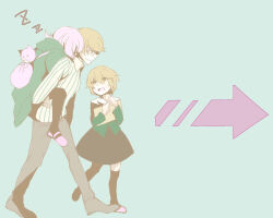  1girl 2boys aqua_background arrow_(symbol) blonde_hair carrying commentary_request crossdressing crossdressing_(mtf) danganronpa:_trigger_happy_havoc danganronpa_(series) father_and_child father_and_son fujisaki_chihiro fujisaki_taichi l-oose looking_at_another multiple_boys nanami_chiaki parent_and_child pastel_colors piggyback pink_hair shirt sleeping striped_clothes striped_shirt trap zzz 