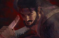  1boy absurdres beard black_hair blood blood_in_mouth blood_on_face blood_on_hands brown_eyes chinese_clothes chinstrap_beard closed_mouth facial_hair headband highres holding_blade hua_bucheng lips mature_male muscular muscular_male mustache one_eye_closed purple_headband purple_robe realistic red_background robe short_hair solo_focus soul_patch where_winds_meet yi_dao_(where_winds_meet) 