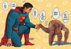  1boy 1other alien blue_bodysuit bodysuit cape commentary dc_comics english_commentary english_text highres project_hail_mary rocky_(project_hail_mary) speech_bubble superhero_costume superman superman_(series) superman_logo umikochannart 