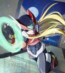  1boy armor blonde_hair commentary_request dual_wielding energy_barrier energy_shield energy_sword forehead_jewel full_moon helmet highres holding holding_shield holding_sword holding_weapon long_hair male_focus mega_man_(series) mega_man_zero_(series) moon night pisuke_(zenmai_jikake) red_armor red_helmet shield solo sword weapon z_saber zero(z)_(mega_man) zero_(mega_man) 