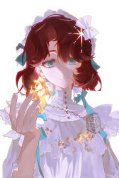  1girl absurdres blue_eyes chinese_commentary closed_mouth commentary_request dress fire hand_up hat highres looking_at_viewer marsha_(reverse:1999) mole mole_under_eye official_alternate_costume red_hair reverse:1999 sannfukai short_hair smile solo upper_body white_background white_dress witch_hat 