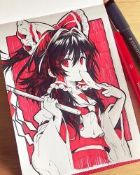  1girl art_tools_in_frame bow commentary covering_own_mouth detached_sleeves frilled_bow frilled_hair_tubes frills gohei hair_bow hair_tubes hakurei_reimu highres holding holding_gohei holding_ofuda kurisu_toshi limited_palette long_hair looking_at_viewer marker_(medium) midriff nontraditional_miko ofuda red_shirt red_skirt shirt skirt solo touhou traditional_media 