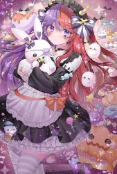 1girl absurdres animal apron asymmetrical_legwear bandaged_arm bandaged_leg bandages bat_(animal) blush boots bow cake candy checkered_background chibana_sora choker collared_dress commentary cross crossed_arms cupcake dessert detached_sleeves dress english_commentary eyepatch facial_mark fake_horns food frilled_apron frilled_dress frilled_shirt_collar frills ghost hair_bow halloween heart highres horns jack-o'-lantern lace-up_boots lollipop long_hair long_sleeves looking_at_viewer macaron medical_eyepatch multicolored_hair original pumpkin purple_hair rabbit red_hair revision sleeves_past_fingers sleeves_past_wrists solo sparkle split-color_hair sprinkles star_(symbol) striped_bow striped_clothes striped_thighhighs sweets thigh-highs tiered_tray two-tone_hair two_side_up very_long_hair violet_eyes wrapped_candy 