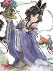  1girl black_eyes black_hair chinese_clothes chinese_commentary clouds commentary_request cup facial_mark feixianji_(hairstyle) flower food forehead_mark fruit hagoromo hair_flower hair_ornament hair_rings hanfu highres holding holding_tray huadian jiu_niangzi jiu_niangzi_(blossom_spring_fairy) kettle lantern long_hair looking_at_animal official_alternate_costume peach pink_flower purple_flower purple_hanfu qianwei_yuanqing reverse:1999 shawl snake solo tray triangle_mouth upper_body white_background white_shawl white_sleeves 