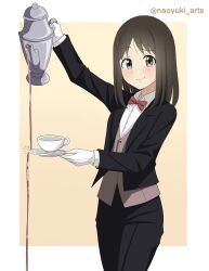  1girl artist_name azumanga_daioh black_jacket black_pants bow bowtie brown_eyes brown_hair butler commentary cup decantering english_commentary failure highres holding holding_teapot jacket kasuga_ayumu long_hair looking_at_viewer naoyuki_arts pants pouring red_bow red_bowtie saucer shirt smile solo teacup teapot vest white_shirt 