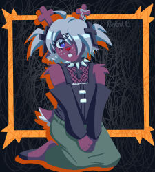  1girl absurdres ahoge alternate_costume alternate_hair_color alternate_hairstyle animal_ears antlers barefoot blue_eyes bright_pupils buck_teeth closed_mouth collar commentary cross_hair_ornament deer_ears deer_tail deltarune detached_sleeves english_commentary freckles furry furry_female goth_fashion grey_hair hair_ornament hair_over_one_eye hairclip highres horns long_sleeves noelle_holiday reindeer_antlers reindeer_girl robablo seiza short_twintails sitting solo spiked_collar spikes tail teeth twintails utdr_(toby_fox) v_arms white_pupils 