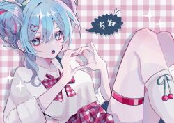  1girl :o blue_eyes blue_hair breasts cherry cherry_ornament cherry_pop_(vocaloid) commentary_request dot_nose double_bun earrings food fruit green_hairband hair_between_eyes hair_bun hair_ornament hairband hands_up hatsune_miku heart heart_hair_ornament heart_hands highres jewelry kneehighs light_blush looking_ahead loose_neck_ribbon lying medium_breasts medium_hair multicolored_hair nanamiya_ten neck neck_ribbon on_back open_mouth plaid_background plaid_clothes plaid_ribbon plaid_skirt red_ribbon red_streaks ribbon ringed_eyes shirt sidelocks skirt socks solo sparkle_print speech_bubble streaked_hair thigh_strap three-quarter_sleeves translation_request vocaloid white_shirt white_socks wide_sleeves 