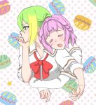  2girls alina_gray blonde_hair blush bow bowtie braid closed_eyes food green_eyes green_hair hair_between_eyes hand_on_own_chin head_on_another&#039;s_shoulder layered_sleeves long_sleeves loose_bowtie macaron magia_record:_mahou_shoujo_madoka_magica_gaiden mahou_shoujo_madoka_magica multicolored_hair multiple_girls open_mouth pink_hair polka_dot polka_dot_background profile red_bow red_bowtie sakae_general_school_uniform school_uniform shirt short_hair short_over_long_sleeves short_sleeves sidelocks sleeping streaked_hair toukotsu_(gharne5) white_shirt wing_collar yura_hotaru 