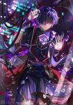  1boy armor artist_name belt blunt_ends blurry blurry_background broken_glass closed_mouth covered_collarbone eyeshadow genshin_impact glass gold_trim hair_between_eyes hair_over_one_eye hands_up highres japanese_armor jewelry kote kurokote looking_at_viewer makeup male_focus mandarin_collar mitsudomoe_(shape) necklace no_headwear purple_belt purple_hair purple_shirt purple_shorts qiuci_708 red_eyeshadow scaramouche_(genshin_impact) scaramouche_(shouki_no_kami)_(genshin_impact) shirt short_hair short_sleeves shorts solo standing tassel tomoe_(symbol) torn_clothes violet_eyes wire 