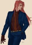  1boy artist_name commentary danart14020 diavolo formal gloves hand_in_pocket highres holding jojo_no_kimyou_na_bouken long_hair looking_to_the_side male_focus necktie pants pink_hair pink_lips pinstripe_pattern pinstripe_suit polka_dot_hair polka_dot_necktie realistic solo striped suit symbol-only_commentary toned toned_male vento_aureo 