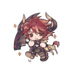  1boy animal_ears arknights beard blush bodysuit chibi cow_boy cow_ears cow_horns facial_hair highres holding holding_scythe horns humus_(arknights) luo66304 male_focus motion_blur multicolored_hair pectoral_cleavage pectorals redhead scythe short_hair solo sparkle streaked_hair tail walking 