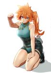  1girl artist_name blue_eyes boku_no_hero_academia breasts china_dress chinese_clothes clenched_hand collarbone dress freckles hand_on_lap highres kat_colors kendou_itsuka kneeling large_breasts long_hair looking_at_viewer orange_hair ponytail pout side_ponytail simple_background thighs white_background 