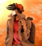  1boy ashita_no_joe bag bandage_on_face bandages black_hair brown_coat coat hand_in_pocket hat juuzou_(amayuu112) looking_to_the_side male_focus medium_hair orange_sky outdoors red_headwear red_shirt shirt sideburns sky solo standing sunset yabuki_jou 