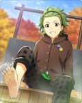  1boy ahoge barefoot black_hairband buttons card_(medium) feet fingernails green_eyes green_hair hairband idolmaster idolmaster_side-m idolmaster_side-m_growing_stars long_sleeves male_focus mitarai_shouta official_art outdoors smile soles solo 