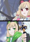  2girls absurdres animal_ear_headphones animal_ears artist_name blonde_hair blue_archive cat_ear_headphones devil_may_cry_(series) devil_may_cry_5 devil_sword_dante fake_animal_ears fingerless_gloves gloves green_eyes headphones highres holding holding_sword holding_weapon katana midori_(blue_archive) momoi_(blue_archive) multiple_girls parody red_eyes rhveil siblings sisters sword weapon yamato_(sword) 