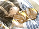  1girl brown_hair cat closed_eyes day highres indoors long_hair original pajamas satotan sleeping striped striped_pajamas sunlight under_covers 