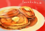  butter food food_focus goldendays0131a highres no_humans original pancake plate red_background simple_background steam still_life syrup 