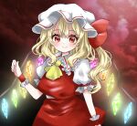  1girl ascot blush clouds crystal dark_background flandre_scarlet hand_up hat highres long_hair looking_at_viewer mauyori3 mob_cap one_side_up puffy_short_sleeves puffy_sleeves red_eyes red_skirt red_vest short_sleeves simple_background skirt skirt_set smile solo touhou vest wings yellow_ascot 