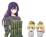  1boy 2girls apron crossed_arms era_bricks_(meme) highres hinghoi hoshino_ai_(oshi_no_ko) hoshino_aquamarine hoshino_ruby long_hair meme multiple_girls oshi_no_ko purple_hair reactive_armor star-shaped_pupils star_(symbol) star_in_eye sweater symbol-shaped_pupils symbol_in_eye upper_body violet_eyes 