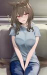  1girl admire_vega_(umamusume) alternate_costume between_legs blush breasts brown_hair casual commentary_request couch hair_between_eyes hand_between_legs highres looking_at_viewer medium_breasts open_mouth red_eyes ryouta_(ryouta335) sitting solo sweatdrop tail translation_request umamusume 