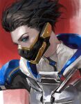 1girl absurdres apex_legends apex_voidshifter_wraith armor black_hair black_jacket black_sclera blue_eyes breastplate chinese_commentary colored_sclera eye_trail from_side grey_shirt hair_slicked_back highres hood hood_down jacket kiiwy light_trail looking_down mask mouth_mask official_alternate_costume portrait realistic shirt short_hair solo wraith_(apex_legends) 