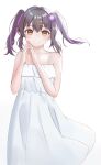  1girl absurdres bare_arms bare_shoulders black_hair brown_eyes collarbone commentary dress flower hair_between_eyes hair_flower hair_ornament hairclip highres looking_at_viewer multicolored_hair omochi_tabeyo97 onii-chan_wa_oshimai! oyama_mihari parted_lips purple_hair simple_background sleeveless sleeveless_dress smile solo steepled_fingers twintails two-tone_hair white_background white_dress 