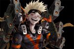  1boy alternate_eye_color ammunition_belt arm_at_side arm_up baggy_pants bakugou_katsuki bangs_pinned_back belt_feed birthday black_background black_mask black_pants blonde_hair blush boku_no_hero_academia cable chimi_(2303hero) commentary_request cropped explosive eye_mask gloves green_gloves grenade gun happy head_tilt high_collar highres korean_commentary looking_at_viewer machine_gun male_focus mask mask_lift mask_on_head official_alternate_costume open_collar open_mouth orange_eyes orange_gloves pants sanpaku shell_casing short_hair sideways_glance simple_background single_horizontal_stripe smile solo sparkle spiky_hair spoilers sweat teeth tsurime two-tone_gloves undershirt upper_body weapon wrist_guards x 
