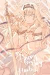 1girl alice_(alicesoft) blonde_hair colored_eyelashes dress hairband halo hand_on_own_chest happy_birthday highres long_hair looking_at_viewer off_shoulder rance_(series) ribbon shikosour solo sparkle sword weapon yellow_theme 