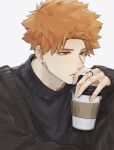  1boy aokawa_yoru black_shirt black_sweater blue_lock closed_mouth cup earrings highres holding holding_cup jewelry kunigami_rensuke long_sleeves looking_away male_focus orange_eyes orange_hair ring shirt short_hair simple_background sleeves_past_wrists solo sweater upper_body white_background 