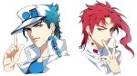  2boys blue_eyes blue_hair blue_shirt cherry_earrings collar_chain_(jewelry) earrings food-themed_earrings gakuran hand_to_own_mouth hat highres jewelry jojo_no_kimyou_na_bouken jujeop kakyoin_noriaki kujo_jotaro male_focus multiple_boys pointing pointing_up red_eyes redhead school_uniform shirt short_hair simple_background smile stardust_crusaders stud_earrings upper_body white_background 