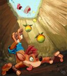  artist_name blue_sky brown_gloves crash_bandicoot crash_bandicoot_(series) falling fingerless_gloves food fruit furry furry_male gloves green_eyes on_ground one_eye_closed outdoors pandapaco pitfall red_footwear redhead shoes short_hair shorts sky solo tongue tongue_out watermark wumpa_fruit 