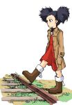  1girl advance_wars black_eyes black_hair boots brown_coat brown_footwear coat day dress fur-trimmed_boots fur_trim grass hands_in_pockets lash_(advance_wars) outdoors railroad_tracks red_dress shirawaki solo twintails walking white_background 