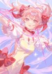  1girl absurdres blue_background bow dress gloves hair_ribbon highres kaname_madoka long_hair magical_girl mahou_shoujo_madoka_magica parted_lips peachuu pink_bow pink_dress pink_eyes pink_hair puffy_short_sleeves puffy_sleeves ribbon short_sleeves solo teeth twintails 