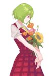  1girl ascot bouquet closed_mouth commentary flower from_side green_hair highres kazami_yuuka plaid plaid_skirt plaid_vest red_eyes red_skirt red_vest shirt short_hair short_sleeves simple_background skirt solo sunflower tohoyuukarin touhou vest white_background white_shirt yellow_ascot 